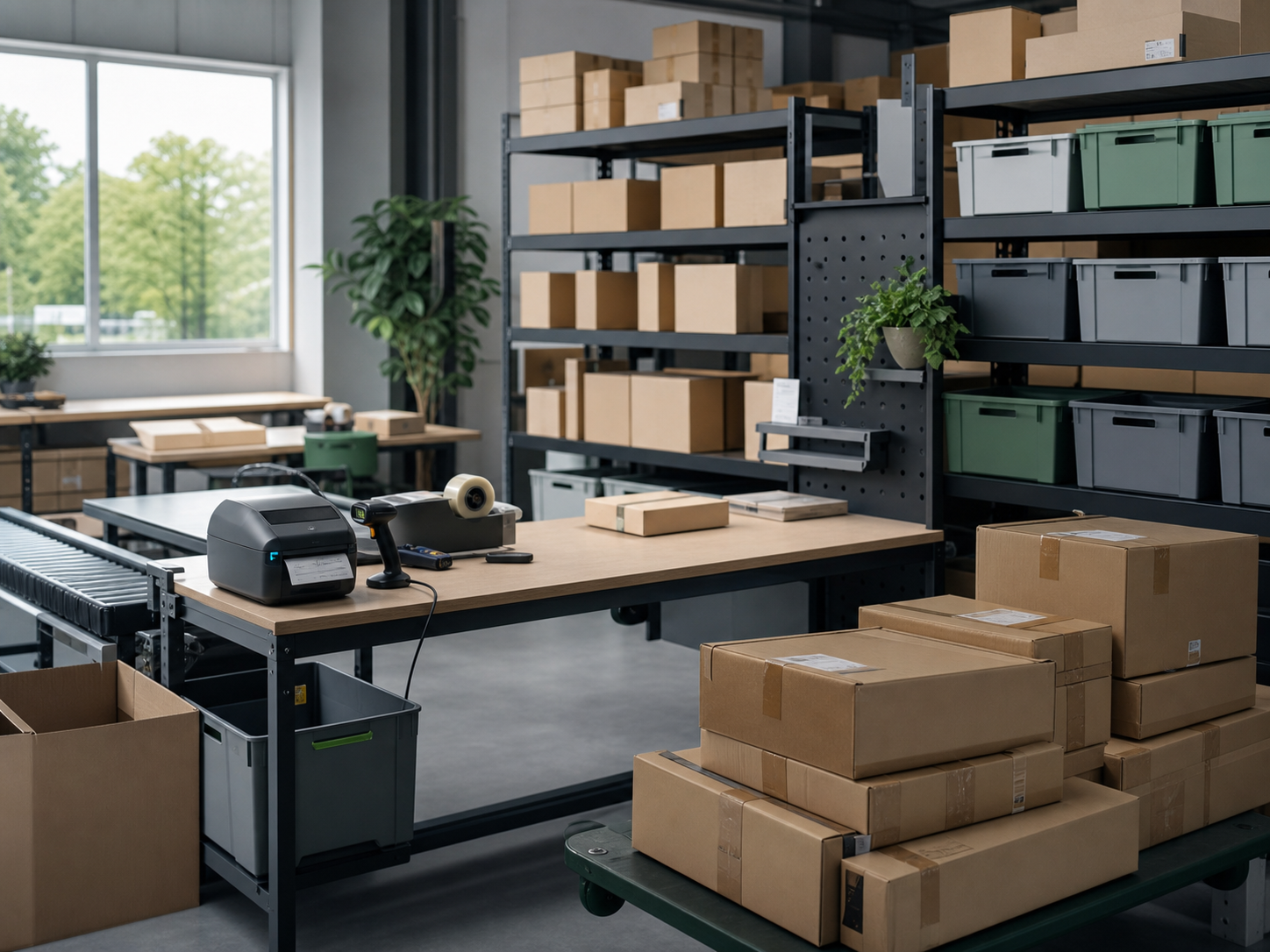 Organized fulfillment and packing area for ecommerce operations