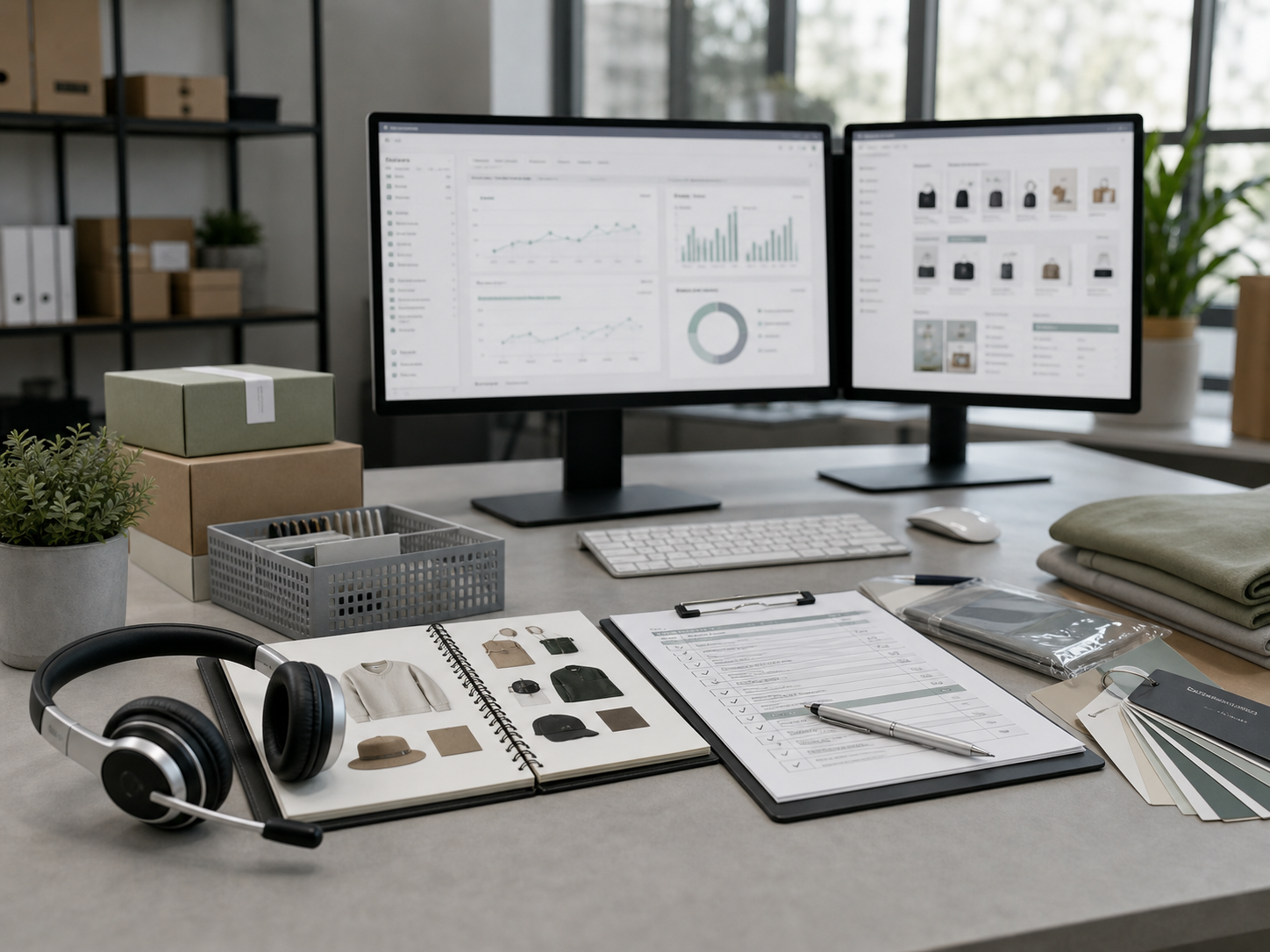 Ecommerce operations desk with product and order support material